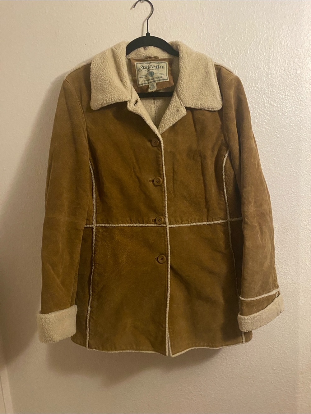 St. John's Bay Brown Suede Jacket with Cream Shearling Trim
